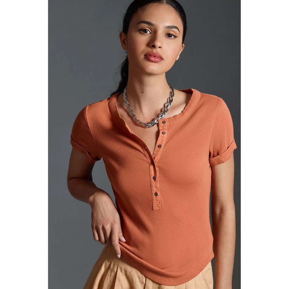 Pilcro The Andie Ribbed Henley Top Short Sleeve XS Cedar Rust Orange EUC